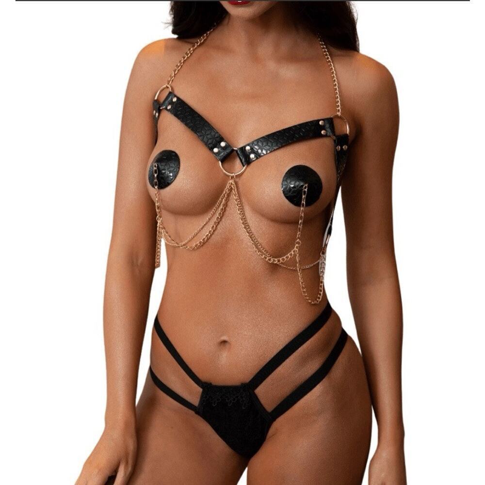 🦋B2G1🦋NEVA NUDE Black Gold Chain Harness Reusable Silicone Nipple Cover Pasties